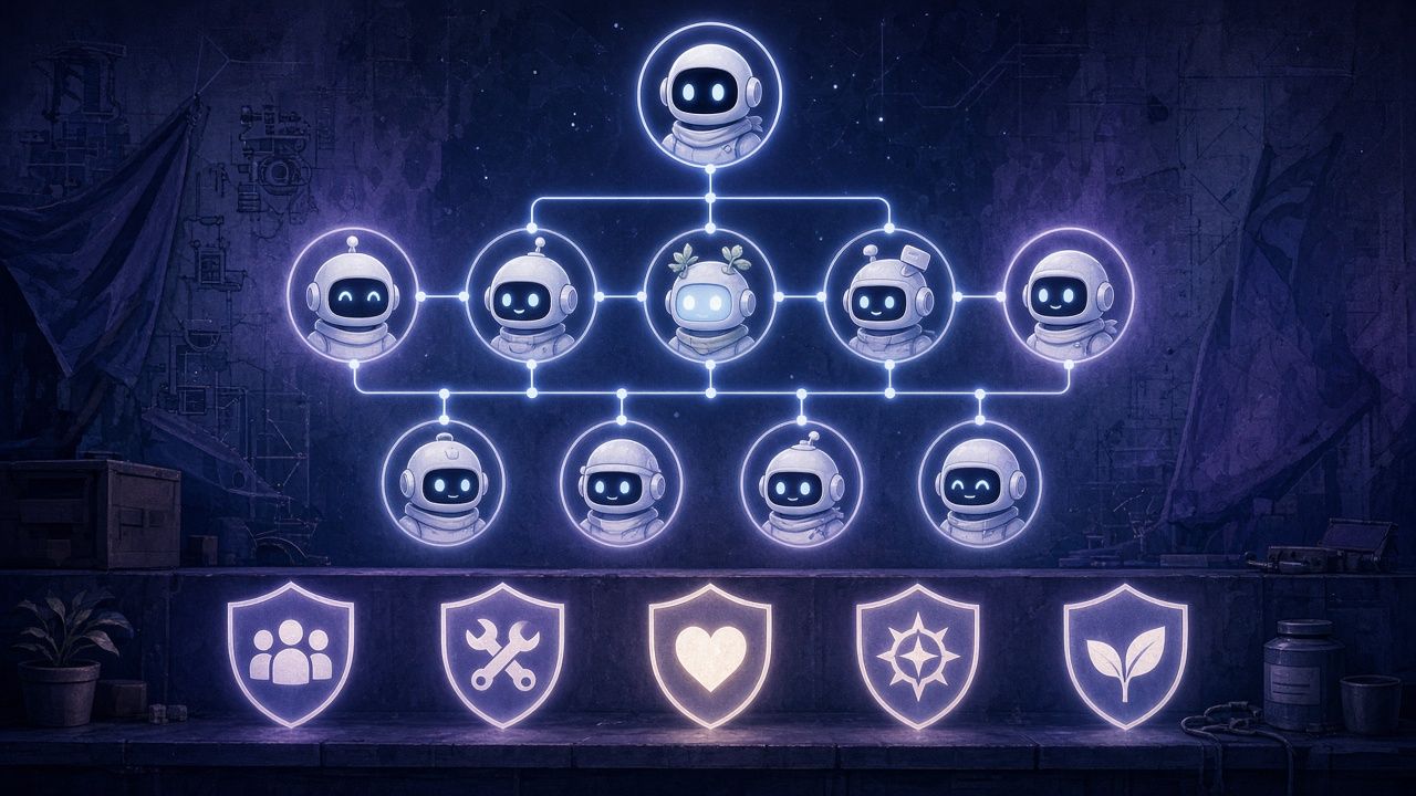 A small-business org chart of bots, with five safety rules